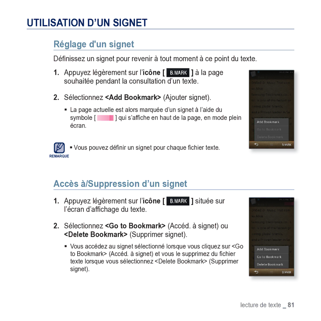 Samsung YP-M1JCB/XEF manual Accès à/Suppression d’un signet, Appuyez légèrement sur l’ icône, ’écran d’afﬁchage du texte 