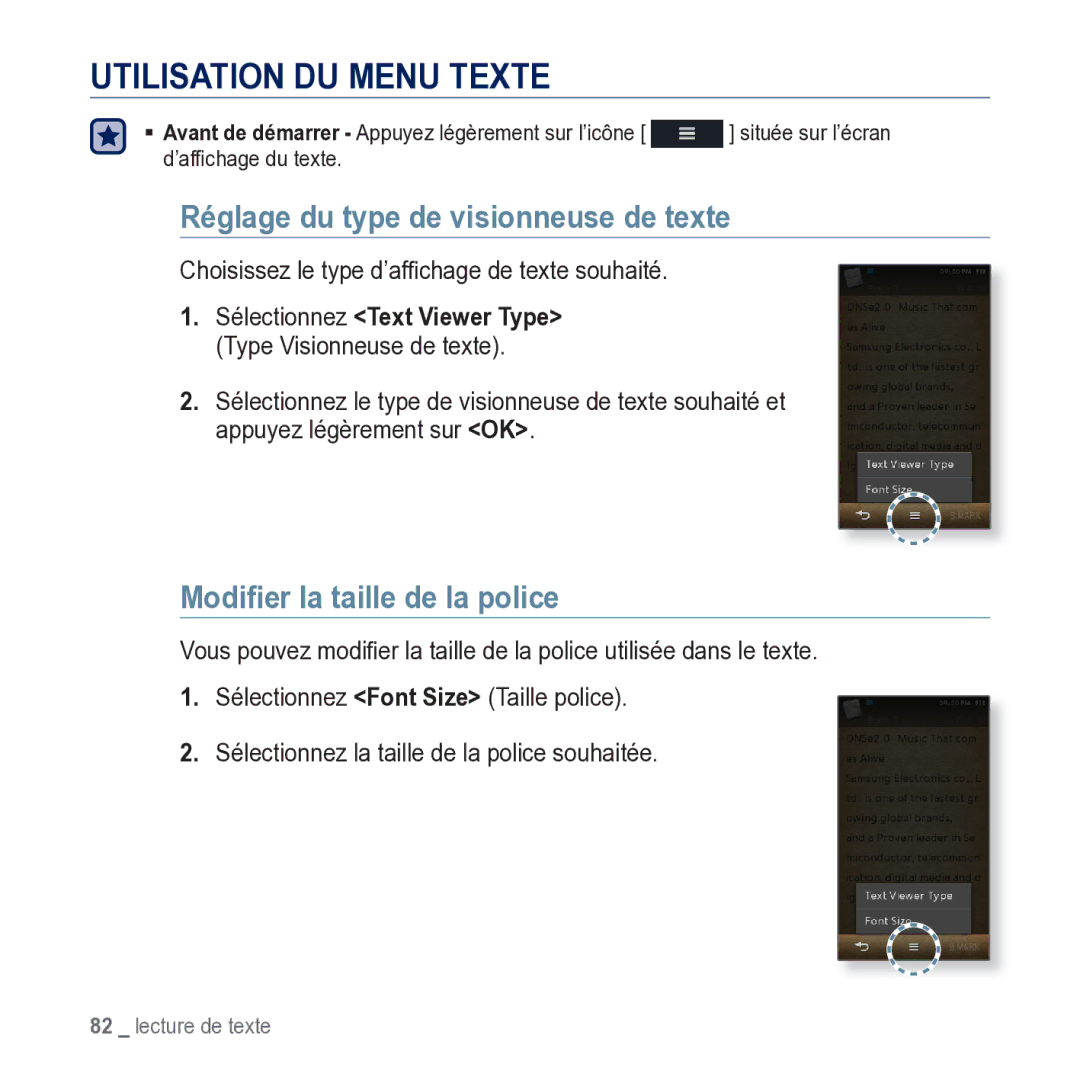 Samsung YP-M1JCB/XEF Utilisation DU Menu Texte, Réglage du type de visionneuse de texte, Modiﬁer la taille de la police 