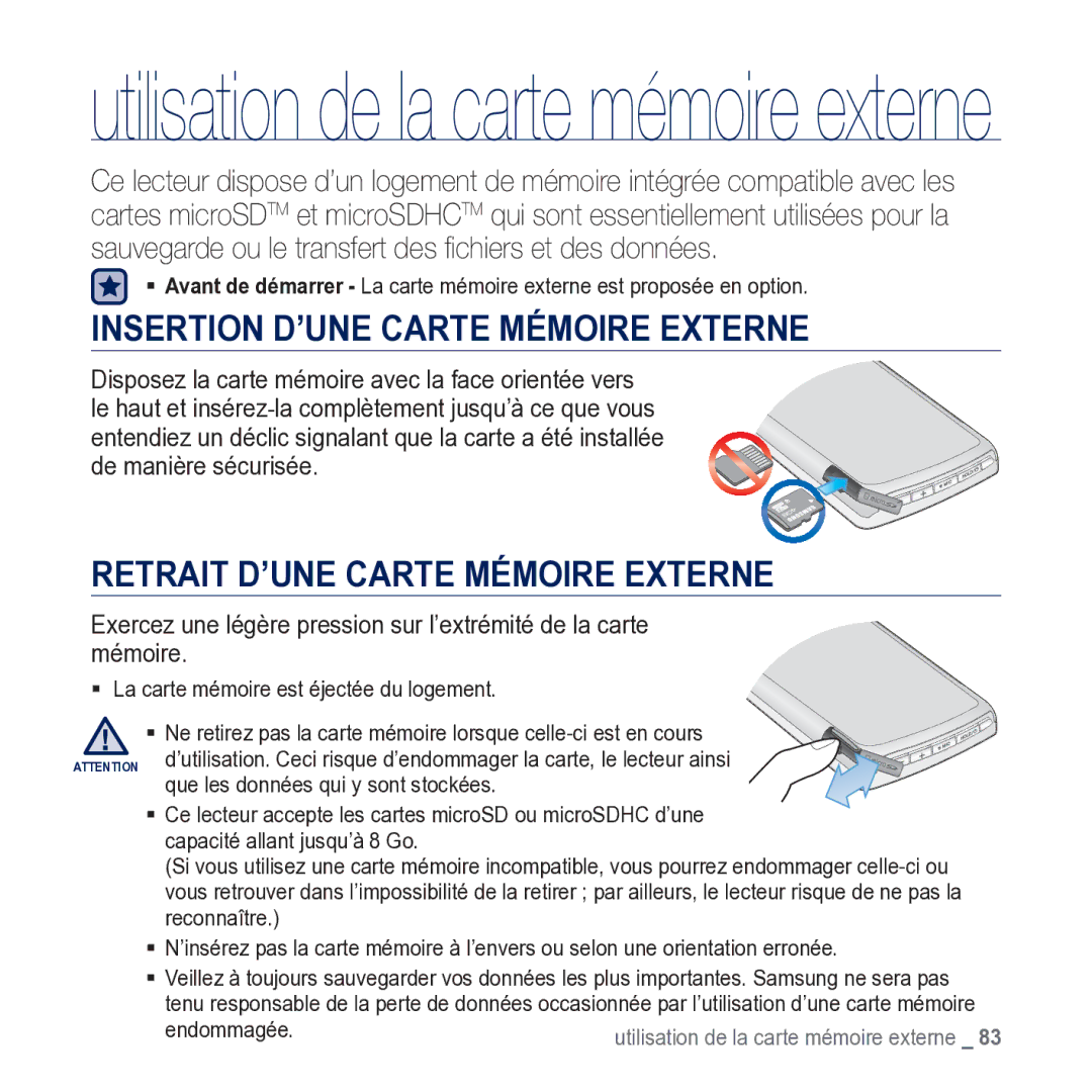 Samsung YP-M1JCB/XEF manual Insertion D’UNE Carte Mémoire Externe, Retrait D’UNE Carte Mémoire Externe 