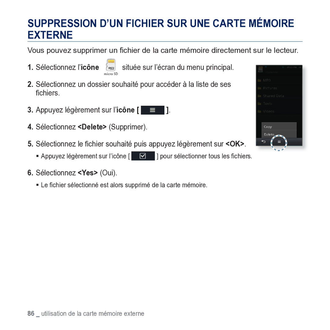 Samsung YP-M1JCB/XEF manual Suppression D’UN Fichier SUR UNE Carte Mémoire Externe 