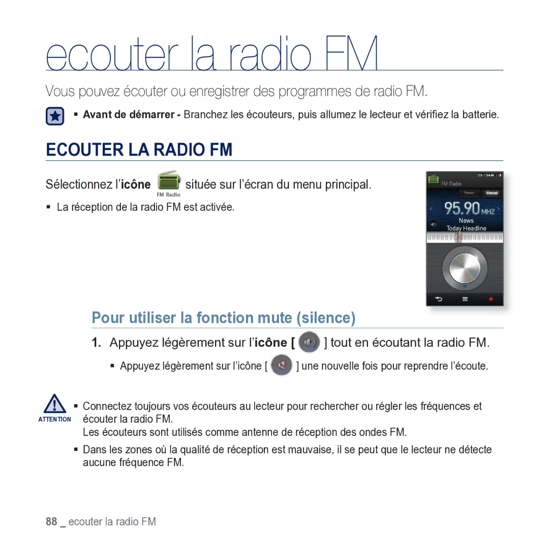 Samsung YP-M1JCB/XEF manual Ecouter la radio FM, Ecouter LA Radio FM, Pour utiliser la fonction mute silence 