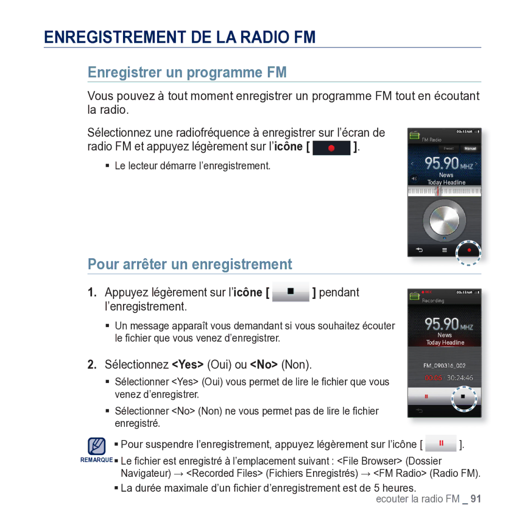 Samsung YP-M1JCB/XEF manual Enregistrement DE LA Radio FM, Enregistrer un programme FM, Pour arrêter un enregistrement 