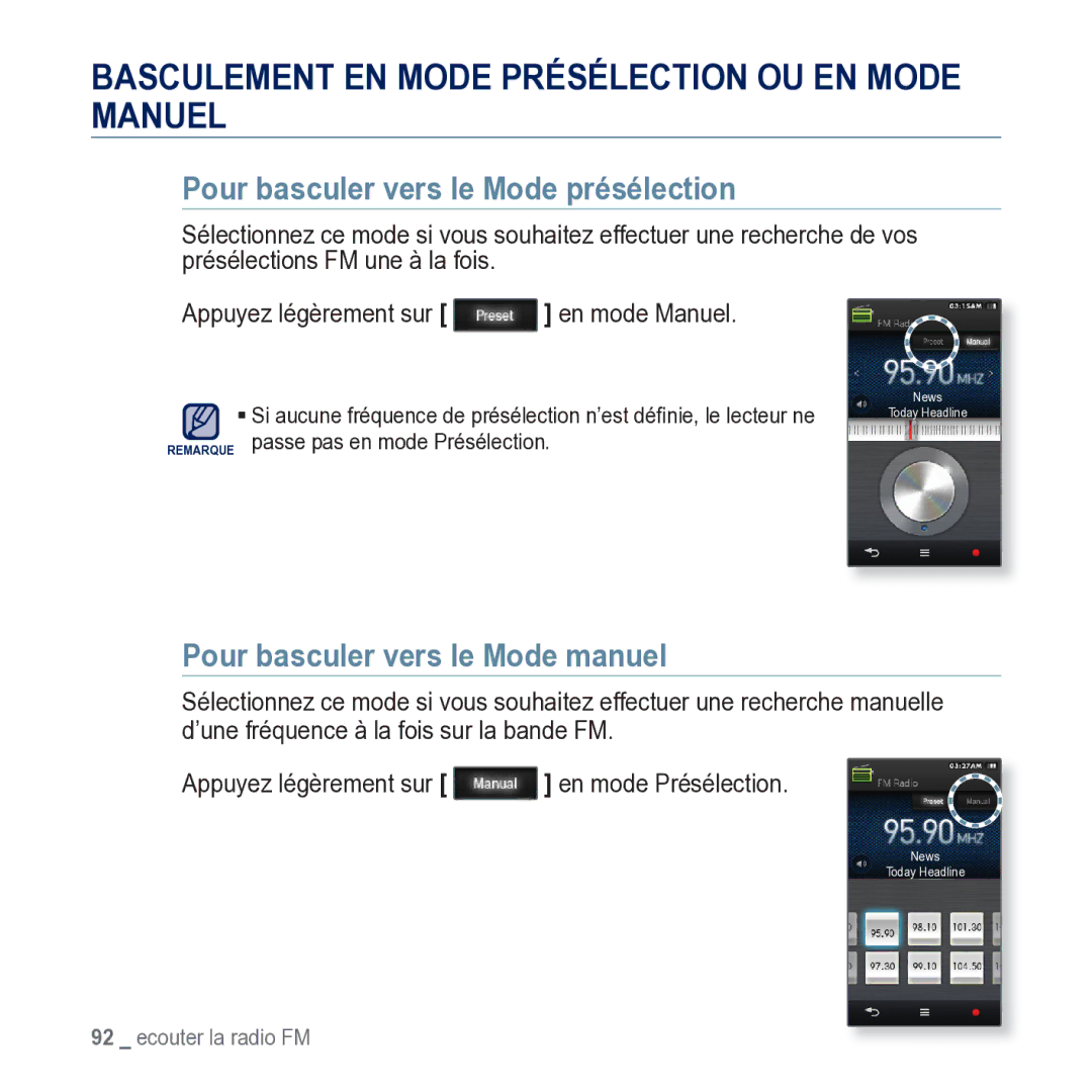 Samsung YP-M1JCB/XEF manual Basculement EN Mode Présélection OU EN Mode Manuel, Pour basculer vers le Mode présélection 