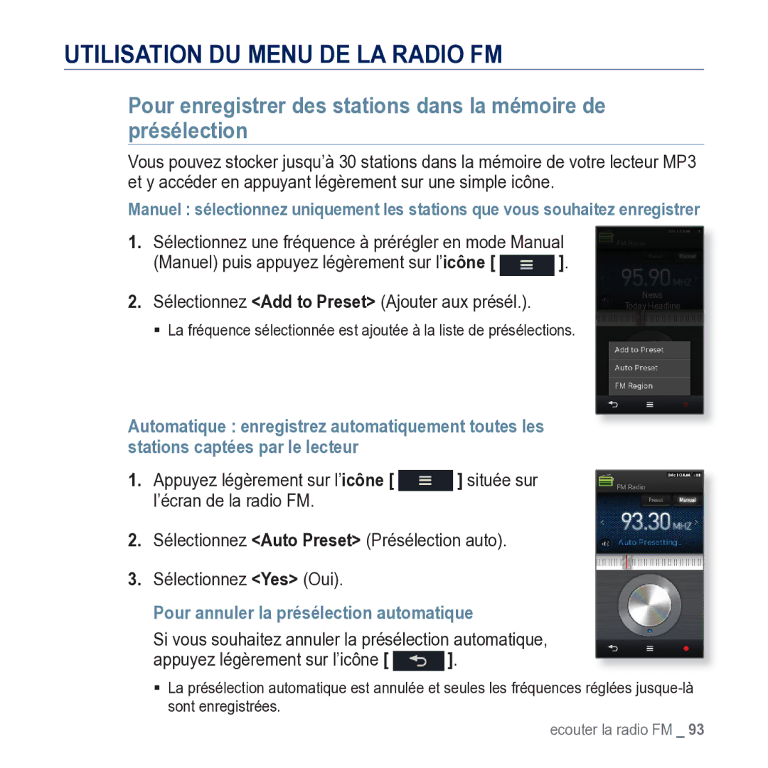 Samsung YP-M1JCB/XEF Utilisation DU Menu DE LA Radio FM, ’écran de la radio FM, Pour annuler la présélection automatique 