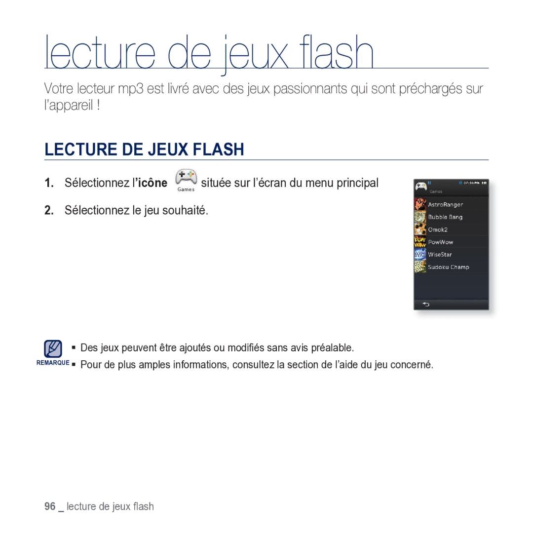 Samsung YP-M1JCB/XEF manual Lecture de jeux ﬂash, Lecture DE Jeux Flash 