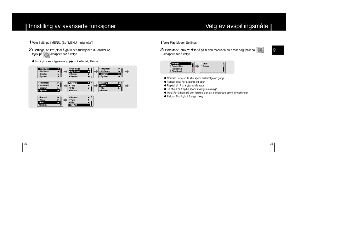 Samsung YP-MT6Z/ELS, YP-MT6V/ELS, YP-MT6X/ELS manual Valg av avspillingsmåte, Innstilling av avanserte funksjoner 