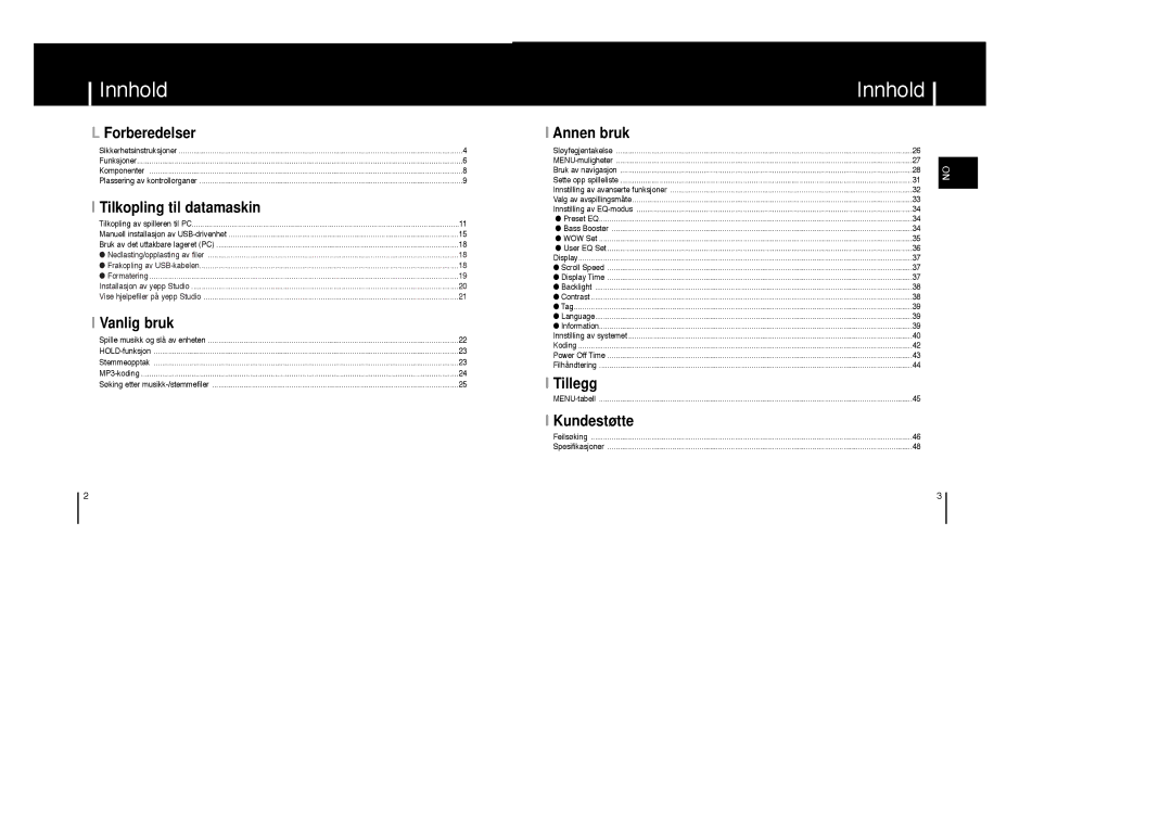 Samsung YP-MT6Z/ELS, YP-MT6V/ELS, YP-MT6X/ELS manual Innhold 