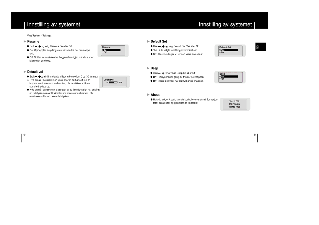 Samsung YP-MT6V/ELS, YP-MT6X/ELS, YP-MT6Z/ELS manual Resume, Default Set, Default vol, Beep, About 