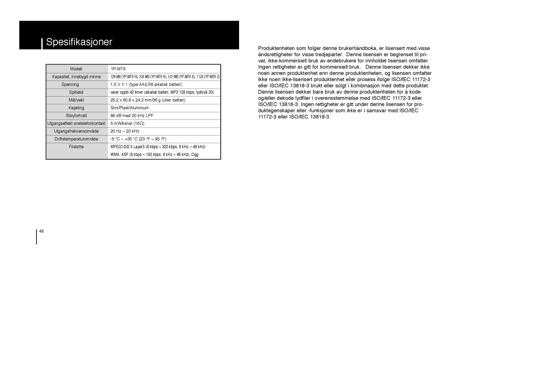 Samsung YP-MT6X/ELS, YP-MT6V/ELS, YP-MT6Z/ELS manual Spesifikasjoner 