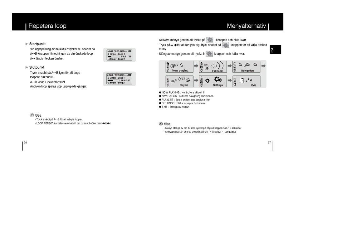 Samsung YP-MT6Z/ELS, YP-MT6V/ELS, YP-MT6X/ELS manual Repetera loop, Menyalternativ, Startpunkt, Slutpunkt 