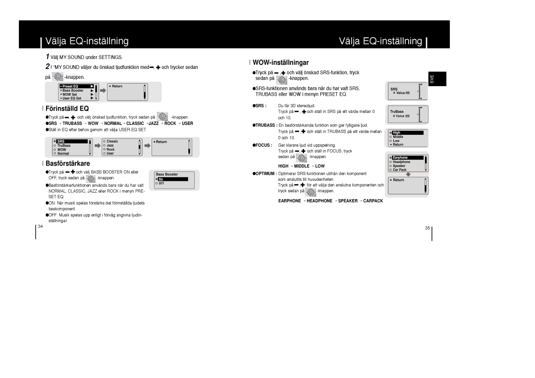 Samsung YP-MT6V/ELS, YP-MT6X/ELS, YP-MT6Z/ELS manual Välja EQ-inställning, Förinställd EQ, Basförstärkare, WOW-inställningar 