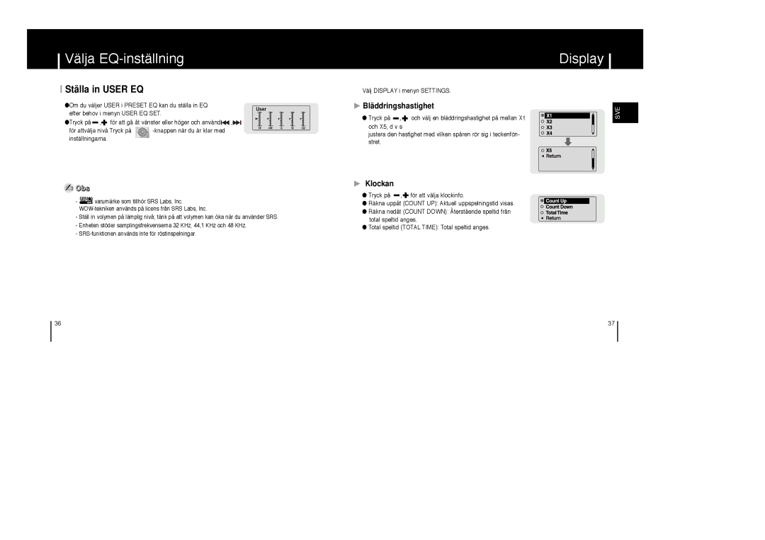 Samsung YP-MT6X/ELS, YP-MT6V/ELS, YP-MT6Z/ELS manual Display, Ställa in User EQ, Bläddringshastighet, Klockan 