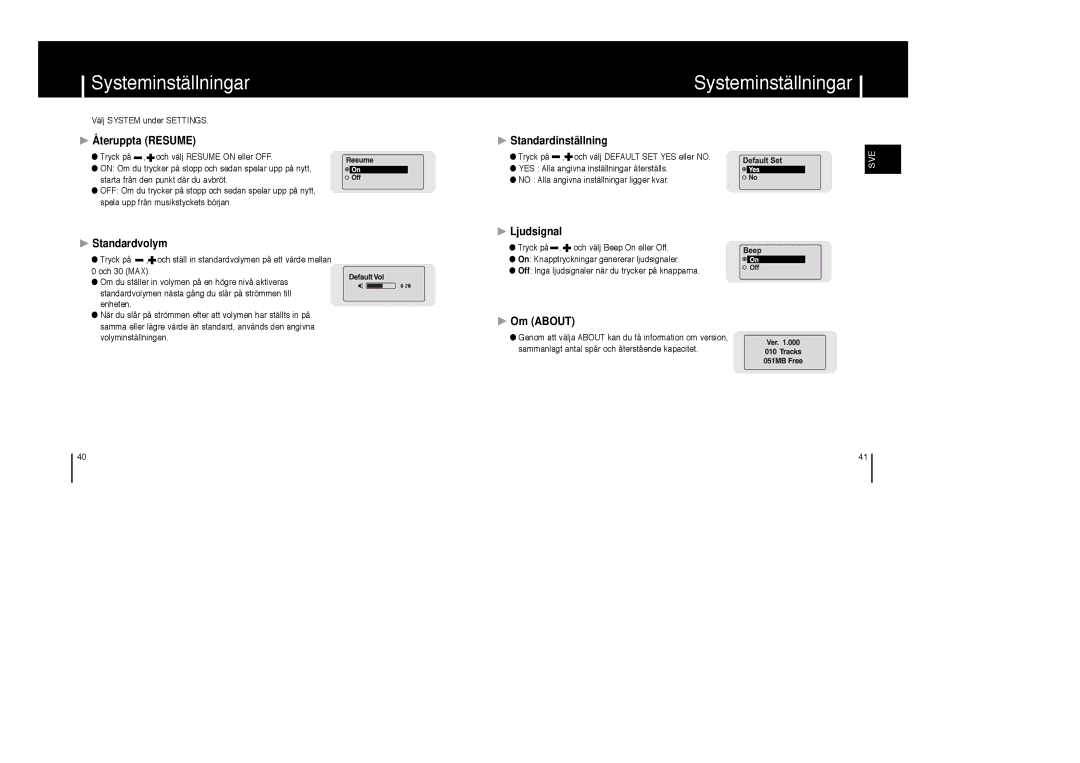 Samsung YP-MT6V/ELS, YP-MT6X/ELS, YP-MT6Z/ELS Återuppta Resume, Standardvolym, Standardinställning, Ljudsignal, Om about 