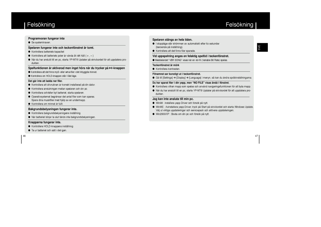 Samsung YP-MT6V/ELS, YP-MT6X/ELS, YP-MT6Z/ELS manual Felsökning, Spelaren fungerar inte och teckenfönstret är tomt 