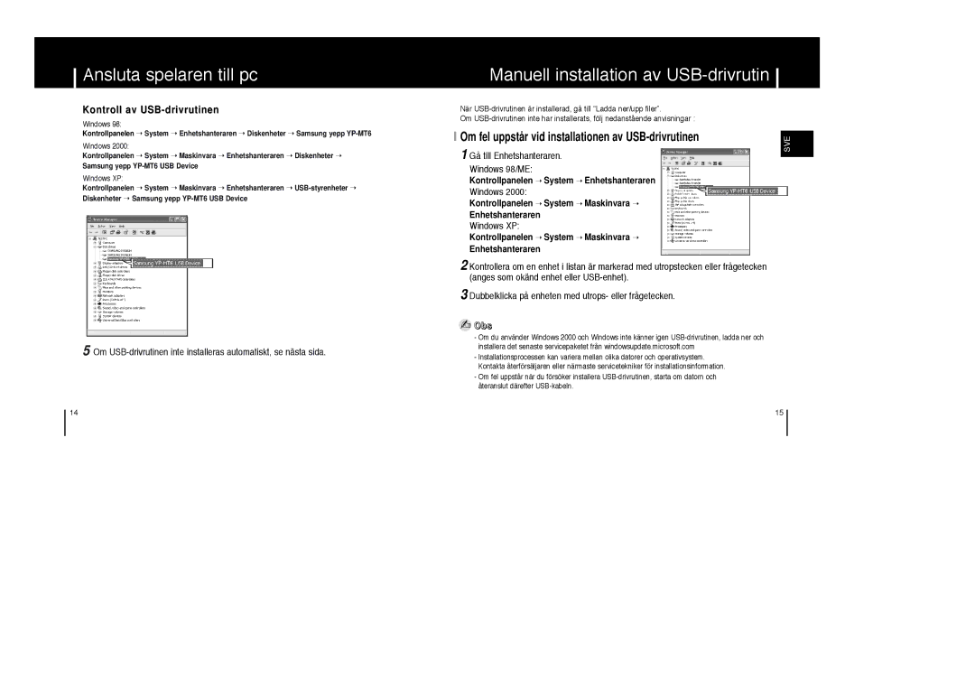 Samsung YP-MT6Z/ELS, YP-MT6V/ELS, YP-MT6X/ELS manual Manuell installation av USB-drivrutin, Kontroll av USB-drivrutinen 