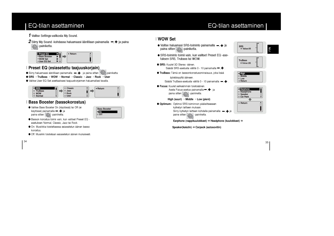 Samsung YP-MT6V/ELS manual EQ-tilan asettaminen, Preset EQ esiasetettu taajuuskorjain, Bass Booster bassokorostus, WOW Set 