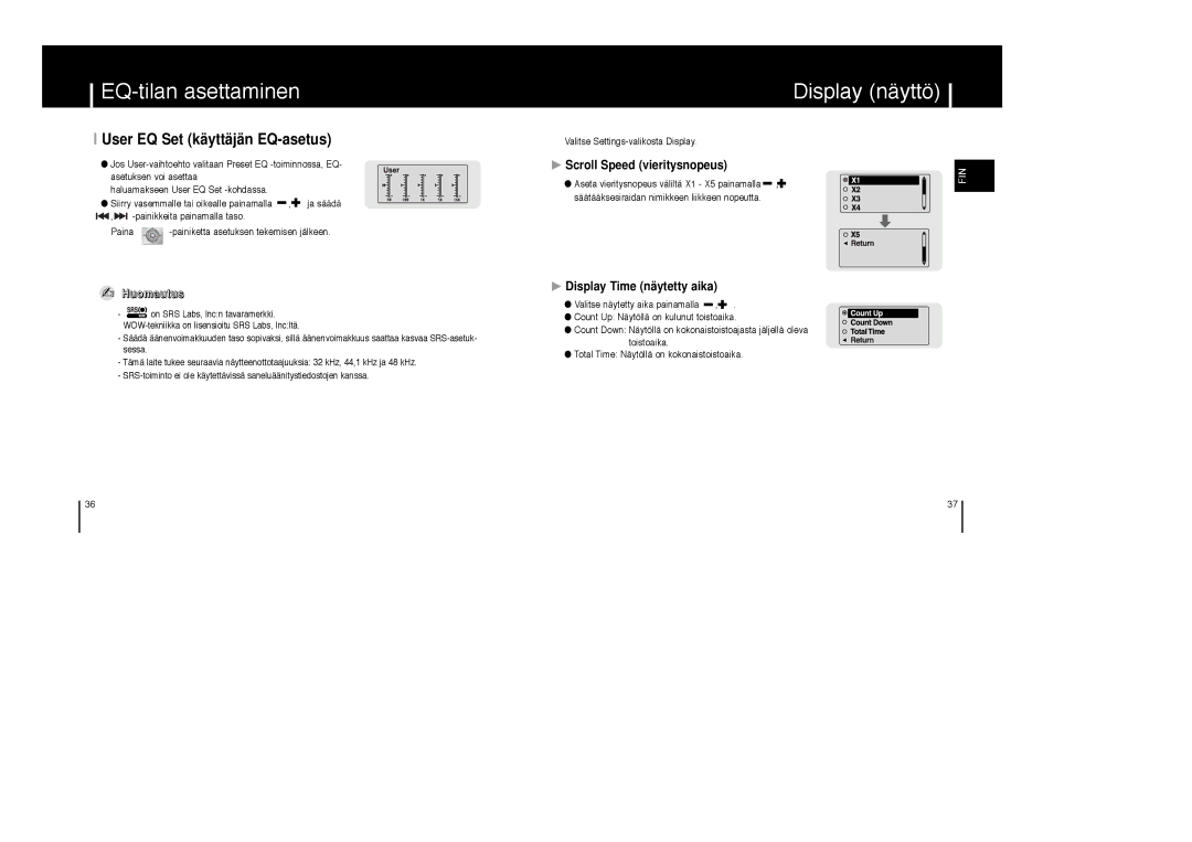 Samsung YP-MT6X/ELS, YP-MT6V/ELS, YP-MT6Z/ELS Display näyttö, User EQ Set käyttäjän EQ-asetus, Scroll Speed vieritysnopeus 