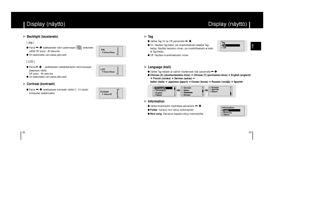 Samsung YP-MT6Z/ELS, YP-MT6V/ELS, YP-MT6X/ELS Backlight taustavalo, Contrast kontrasti, Tag, Language kieli, Information 