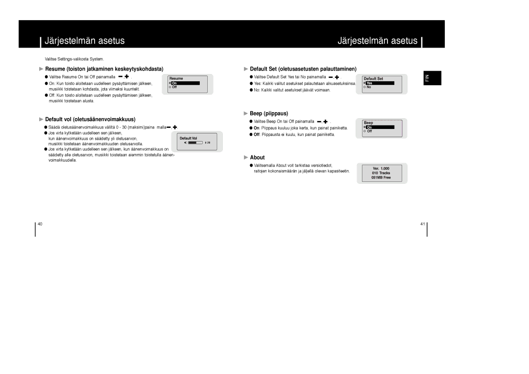 Samsung YP-MT6V/ELS Resume toiston jatkaminen keskeytyskohdasta, Default vol oletusäänenvoimakkuus, Beep piippaus, About 