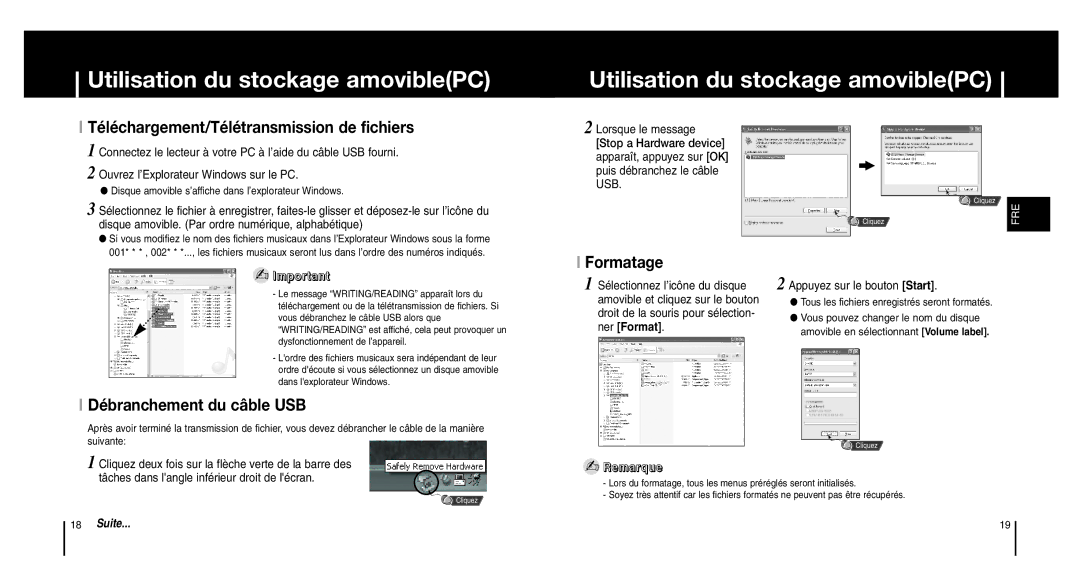 Samsung YP-MT6V/ELS, YP-MT6X/ELS manual Utilisation du stockage amoviblePC, Téléchargement/Télétransmission de fichiers 