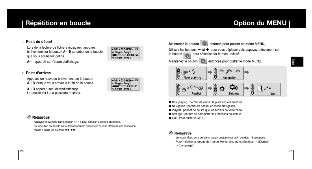 Samsung YP-MT6V/ELS manual Répétition en boucle, Option du Menu, Maintenez le bouton Enfoncée pour quitter le mode Menu 