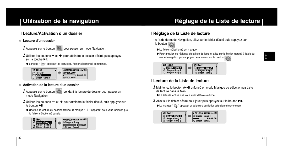 Samsung YP-MT6V/ELS manual Réglage de la Liste de lecture, Lecture/Activation d’un dossier, Lecture de la Liste de lecture 