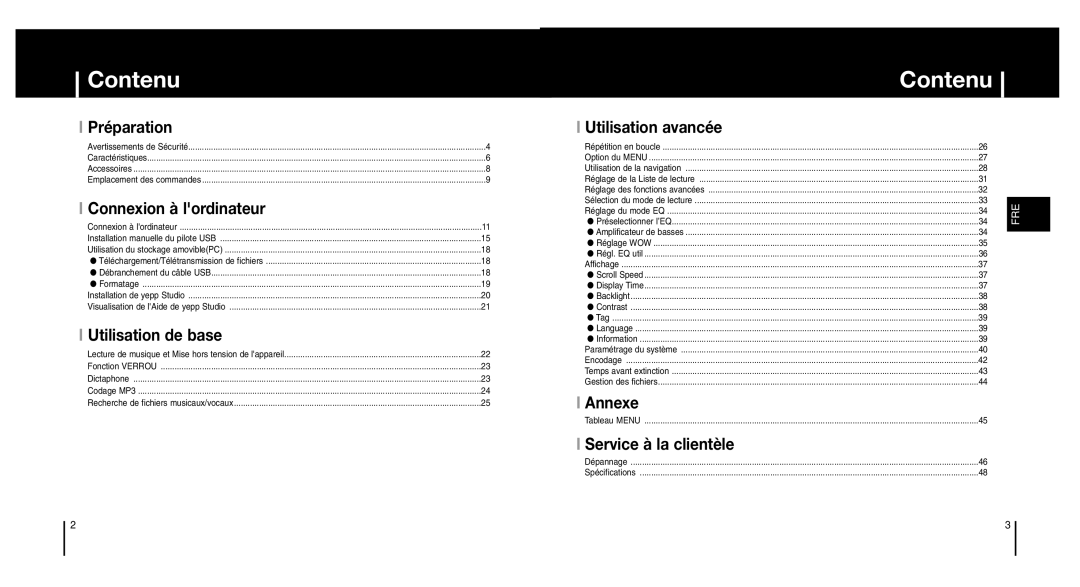 Samsung YP-MT6V/ELS, YP-MT6X/ELS manual Contenu 