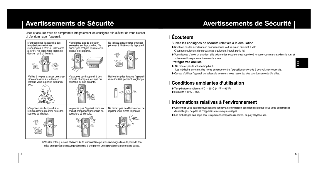 Samsung YP-MT6X/ELS, YP-MT6V/ELS manual Avertissements de Sécurité, Écouteurs, Conditions ambiantes d’utilisation 