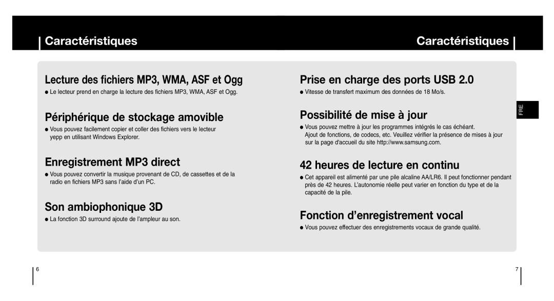 Samsung YP-MT6V/ELS manual Caractéristiques, Possibilité de mise à jour, La fonction 3D surround ajoute de l’ampleur au son 