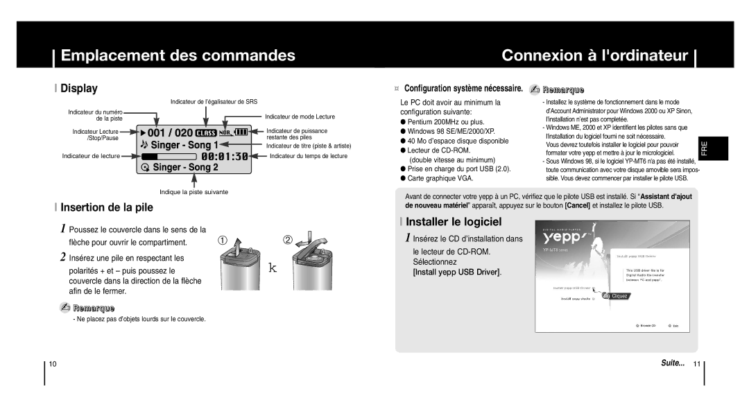 Samsung YP-MT6V/ELS manual Emplacement des commandes Connexion à lordinateur, Insertion de la pile, Installer le logiciel 