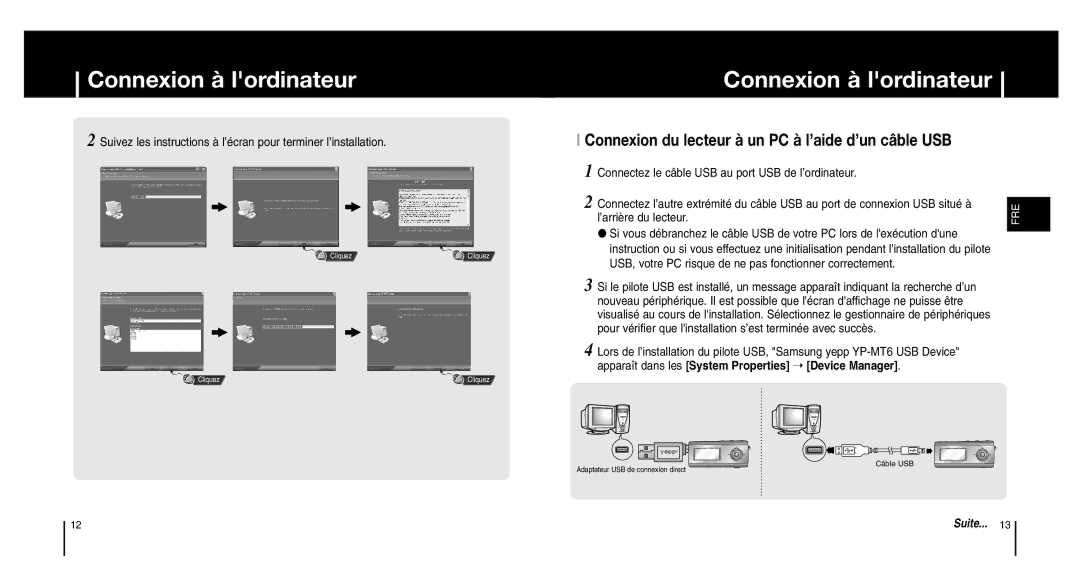 Samsung YP-MT6X/ELS, YP-MT6V/ELS manual Connectez le câble USB au port USB de l’ordinateur, ’arrière du lecteur 