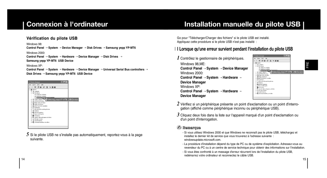 Samsung YP-MT6V/ELS, YP-MT6X/ELS manual Installation manuelle du pilote USB, Vérification du pilote USB 