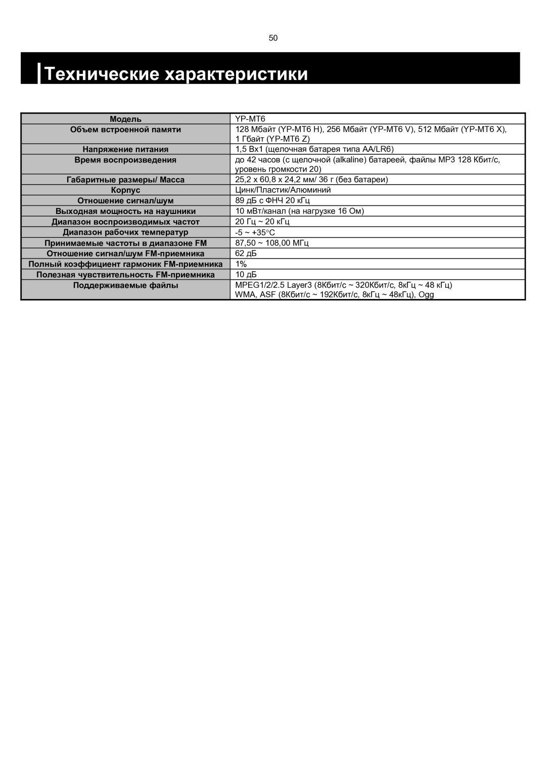 Samsung YP-MT6V/XFO, YP-MT6H/XFO manual Технические характеристики 