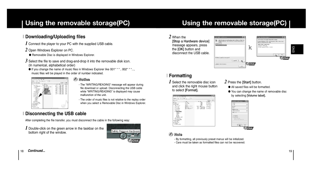 Samsung YP-MT6X/ELS Using the removable storagePC, Downloading/Uploading files, Disconnecting the USB cable, Formatting 