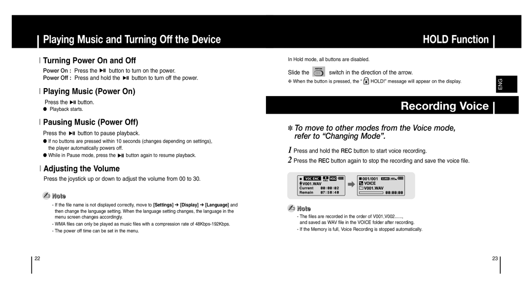 Samsung YP-MT6X/XAA, YP-MT6Z, YP-MT6V/ELS manual Playing Music and Turning Off the Device, Hold Function, Recording Voice 