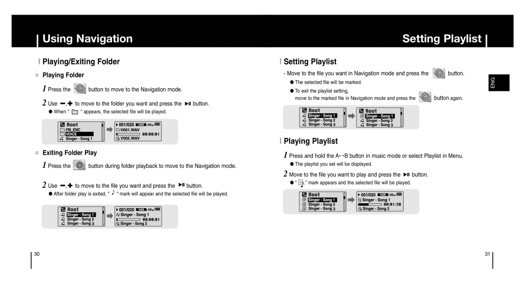 Samsung YP-MT6Z, YP-MT6V/ELS, YP-MT6X/ELS, YP-MT6V/XFO manual Setting Playlist, Playing/Exiting Folder, Playing Playlist 