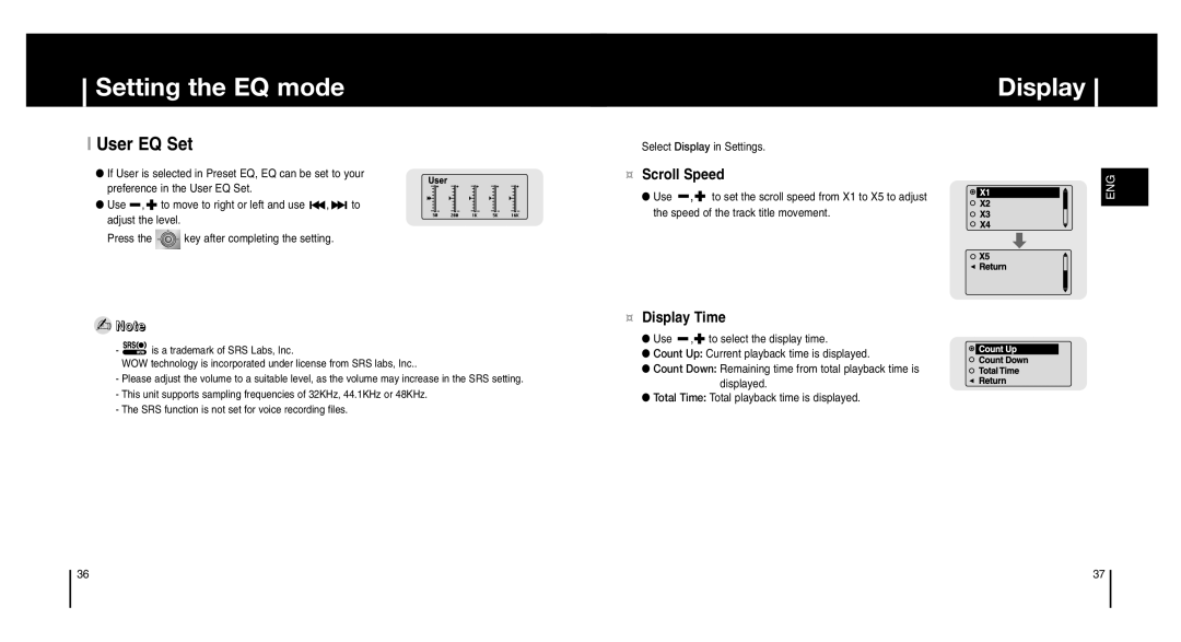 Samsung YP-MT6V/XFO, YP-MT6Z, YP-MT6V/ELS, YP-MT6X/ELS, YP-MT6X/XAA manual User EQ Set, ¤ Scroll Speed, ¤ Display Time 