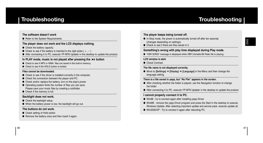 Samsung YP-MT6V/ELS, YP-MT6X/ELS, YP-MT6V/XFO, YP-MT6X/XAA, YP-MT6X/XFO, YP-MT6H/XSV, YP-MT6Z/ELS manual Troubleshooting 