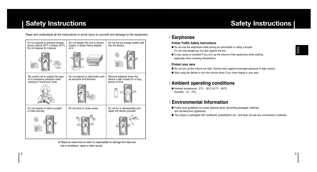 Samsung YP-MT6V/XFO, YP-MT6Z manual Safety Instructions, Earphones, Ambient operating conditions, Environmental Information 