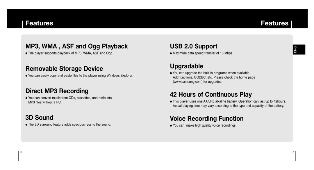 Samsung YP-MT6X/XAA Features, Player supports playback of MP3, WMA, ASF and Ogg, Maximum data speed transfer of 18 Mbps 