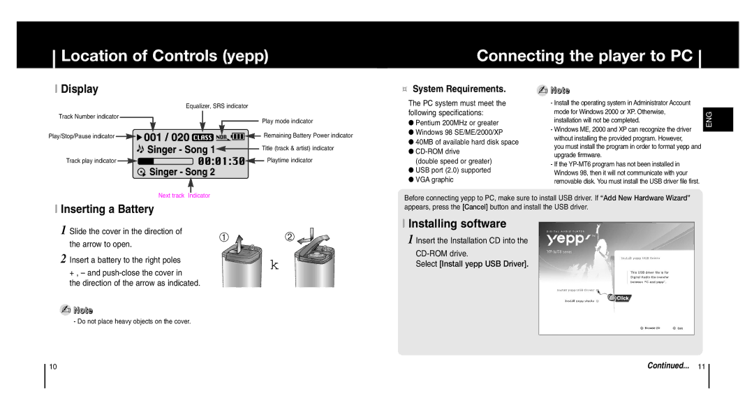 Samsung YP-MT6H/XSV, YP-MT6Z manual Location of Controls yepp Connecting the player to PC, Display, Inserting a Battery 