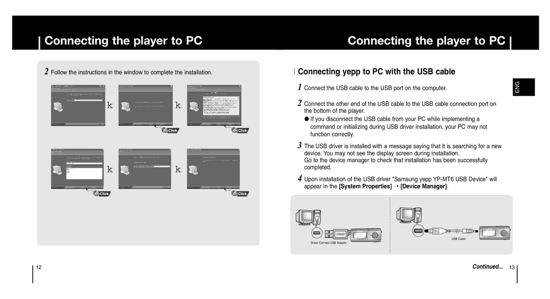 Samsung YP-MT6Z/ELS manual Connecting yepp to PC with the USB cable, Connect the USB cable to the USB port on the computer 