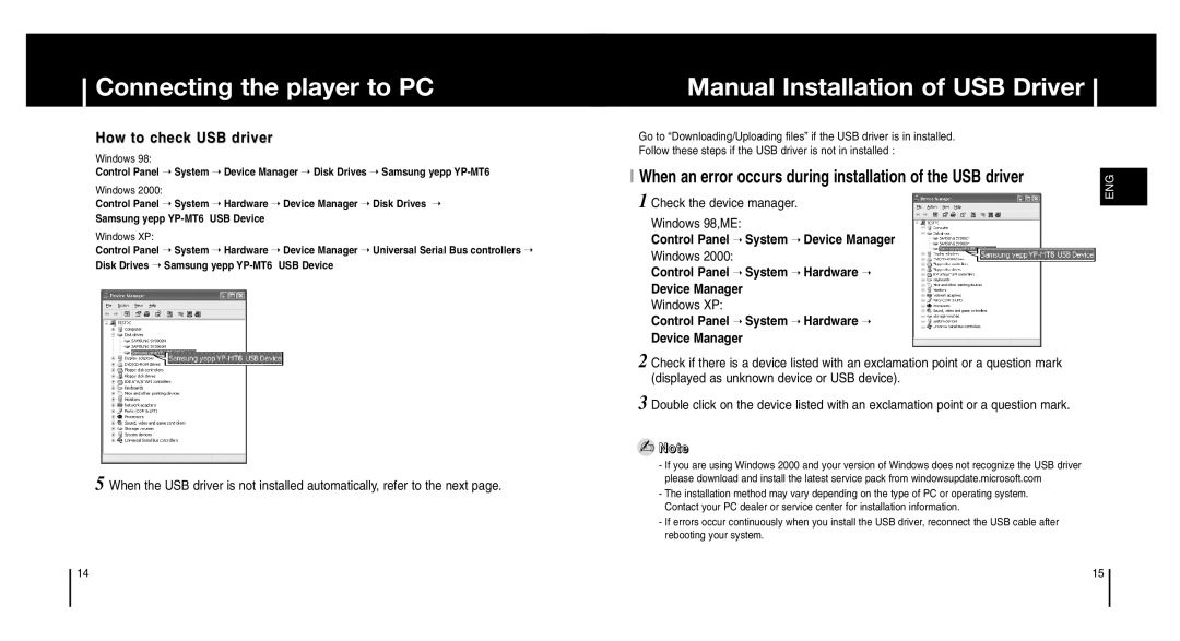 Samsung YP-MT6Z manual Manual Installation of USB Driver, How to check USB driver, Check the device manager Windows 98,ME 