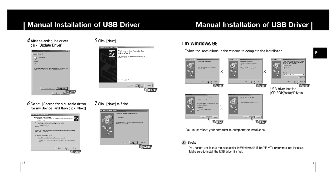 Samsung YP-MT6V/ELS, YP-MT6Z, YP-MT6X/ELS, YP-MT6V/XFO, YP-MT6X/XAA, YP-MT6X/XFO manual Windows, After selecting the driver 