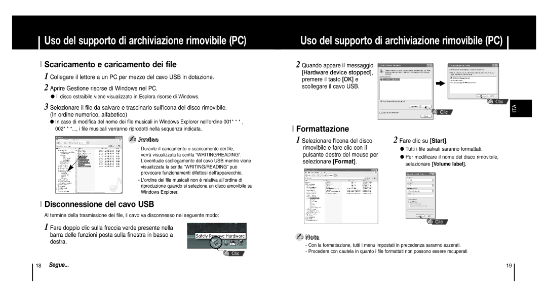 Samsung YP-MT6X/ELS Scaricamento e caricamento dei file, Disconnessione del cavo USB, Formattazione, Fare clic su Start 