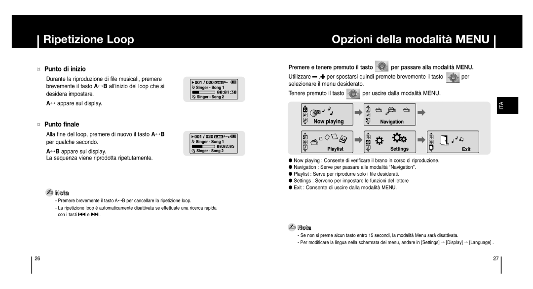 Samsung YP-MT6H/XSV, YP-MT6Z, YP-MT6V/ELS Ripetizione Loop, Opzioni della modalità Menu, ¤ Punto di inizio, ¤ Punto finale 