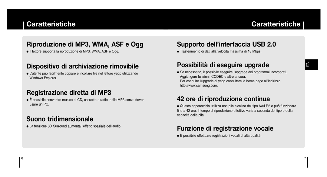 Samsung YP-MT6X/XAA, YP-MT6Z, YP-MT6V/ELS, YP-MT6X/ELS, YP-MT6V/XFO manual Caratteristiche, Possibilità di eseguire upgrade 