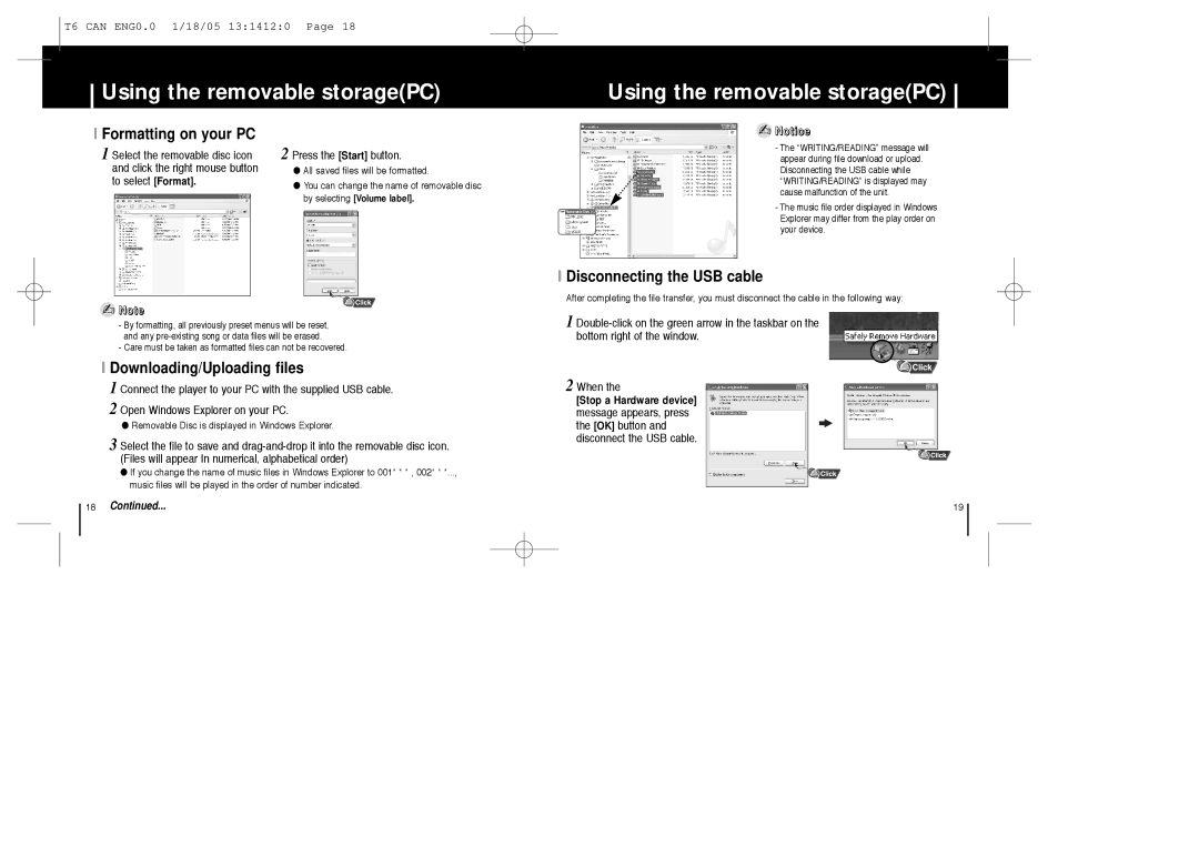 Samsung YP-MT6Z Using the removable storagePC, Formatting on your PC, Disconnecting the USB cable, Press the Start button 