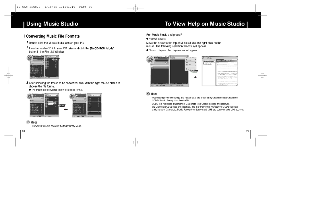 Samsung YP-MT6Z manual To View Help on Music Studio, Converting Music File Formats, Run Music Studio and press F1 