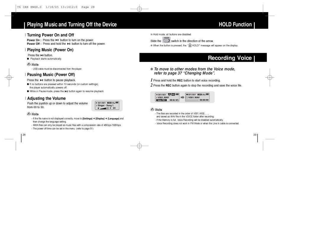 Samsung YP-MT6Z manual Recording Voice, Turning Power On and Off, Playing Music Power On, Pausing Music Power Off 